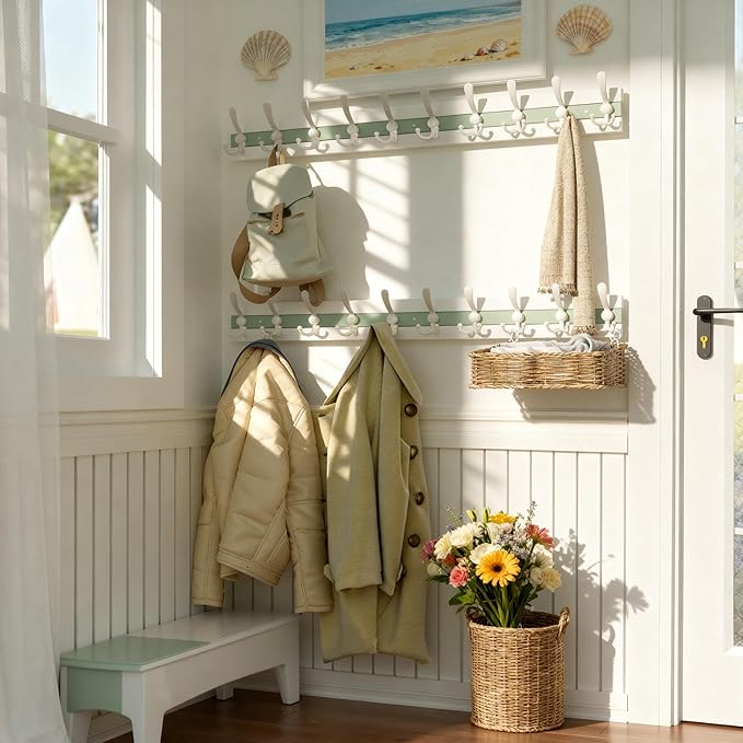 SKOLOO Coastal Coat Rack Wall Mount-38-1/8 Beach House Entryway Wooden Coat Hook with 10 Hooks for Hanging Coats, Hats or Towels, Oceanfront Cottage Core Collection, White & Green, Pack of 2