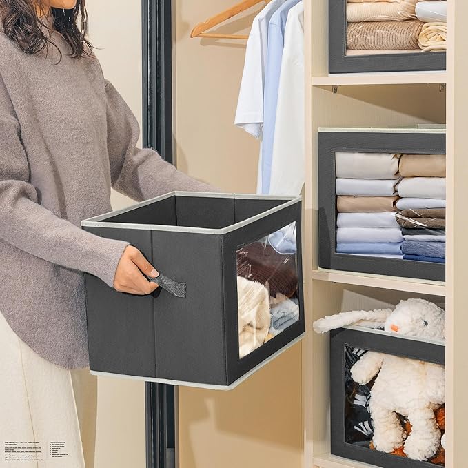 Stackable Storage Bins with Lids - Large Storage Box with Lids, Foldable Closet Boxes for Organizing, Wardrobe Clothes Organizer with Window, Cubes Bins for Living Room, 3 Pack, Dark Grey