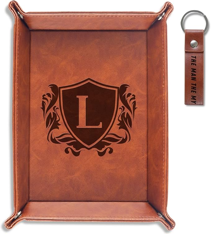 INNObeta Initial Valet Tray, Desktop Storage Organizer, PU Leather Bedside Tray Key Coin Holder, Personalised Gifts for Men, Birthday, Christmas, Letter L