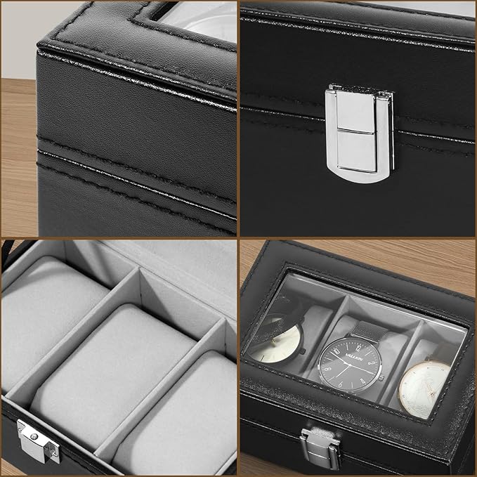 Uten 3-Slot Watch Box, PU Leather Watch Case with Glass Lid, Watch Holder Organizer with Soft Pillow and Velvet Lining, Watch and Jewelry Storage Box