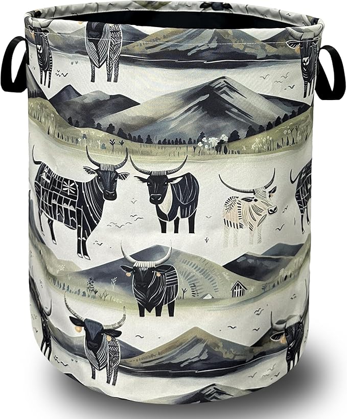 Retro Highland Cattle Laundry Basket With Handles Oxford Cloth Tote Bag Colorful Laundry Hamper 18.9"x16.5 "Foldable Clothes Storage Bucket Organizer For Bathroom/Laundry/Bedroom