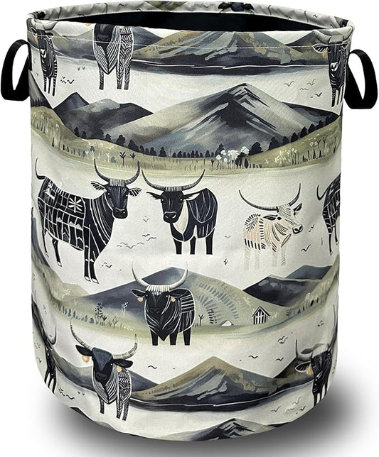 Retro Highland Cattle Laundry Basket With Handles Oxford Cloth Tote Bag Colorful Laundry Hamper 18.9"x16.5 "Foldable Clothes Storage Bucket Organizer For Bathroom/Laundry/Bedroom