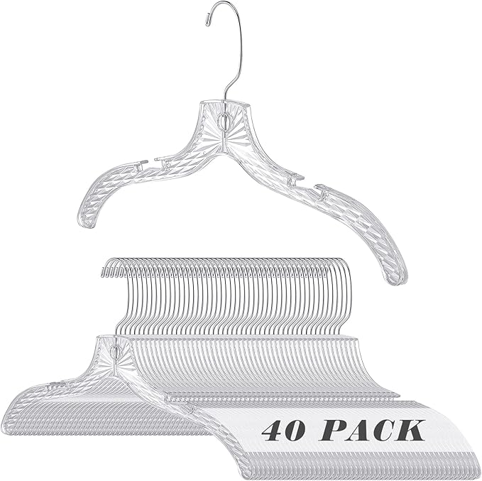 Roowest 40 Pcs Clear Plastic Hangers for Clothes Bulk 17 Inches Durable Crystal Cut Heavy Duty Hangers with Swivel Clips Non Slip for Clothing Closet Coats Dress Suit Shirts Jacket Thick Tough