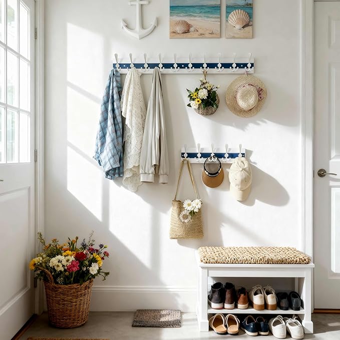 SKOLOO Coastal Wall Mounted Coat Rack - 16-7/8" Beach House Entryway Wooden Coat Hook with 5 Hooks for Hanging Coats, Hats or Towels, Oceanfront Cottage Core Collection, White & Blue, Pack of 2
