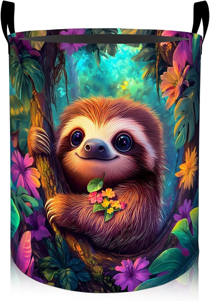 Cute Sloth Tropical Flowers Laundry Basket 19.7"x15.7", Collapsible Dirty Clothes Waterproof Animal Laundry Hamper Organizer Toy Storage Bin for Dorm Nursery Bathroom Decor