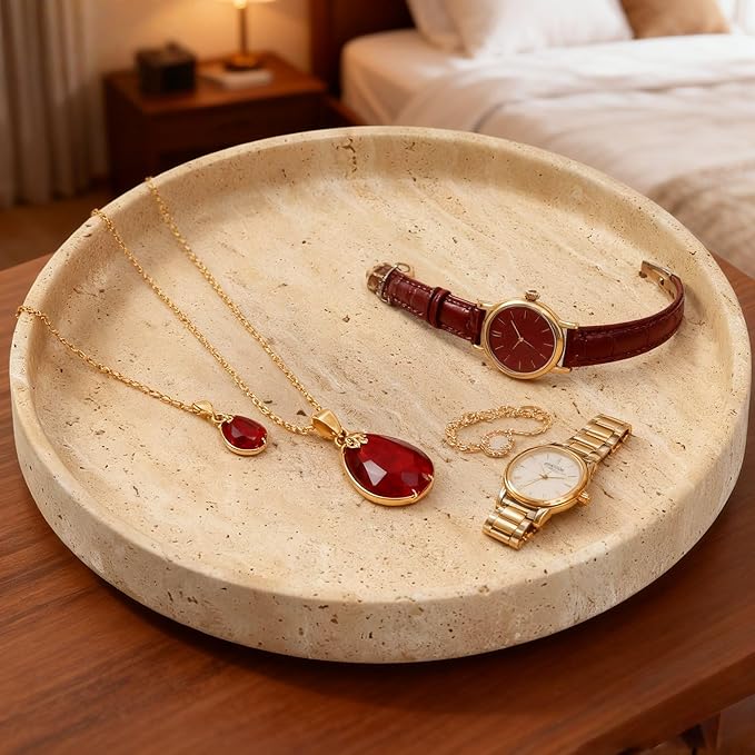 Natural Travertine Vanity Tray – Round Beige Marble Tray for Bathroom, Jewelry, Candle, Perfume, Nightstand & Kitchen Decor, 10 Inch Wabi-sabi Style Decorative Stone Catchall Organizer