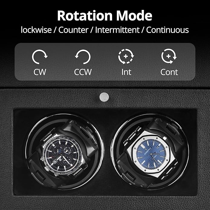 LLS Automatic Double Watch Winder with Storage Box, Japanese Quiet Motor, Adjustable Watch Pillows, Black PU Leather