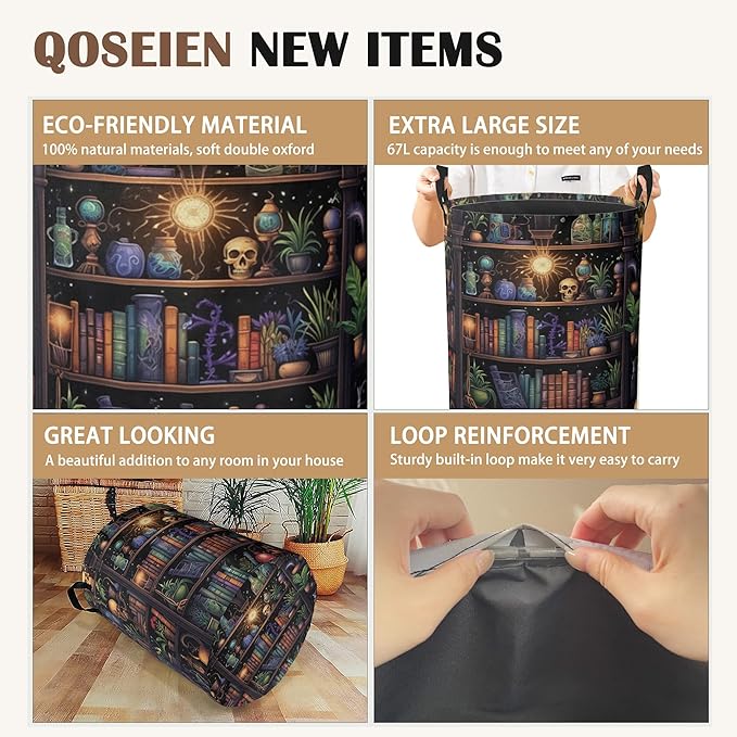 Laundry Basket,Skull Collapsible Laundry Baskets,Terror Library Waterproof Oxford Hamper with Handles for Bathroom Bedroom Nursery Home Storage 16"x20"
