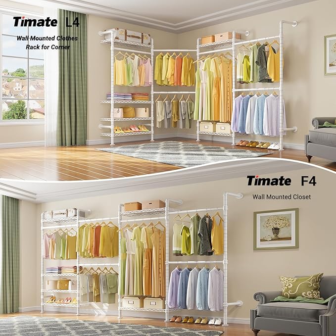 Timate L4 L Shape Garment Rack Heavy Duty Clothes Racks for Hanging Clothes, Expandable Industrial Pipe Clothing Rack Wall Mounted Closet Organizer Large Wardrobe Closet Kit Corner Closet System White