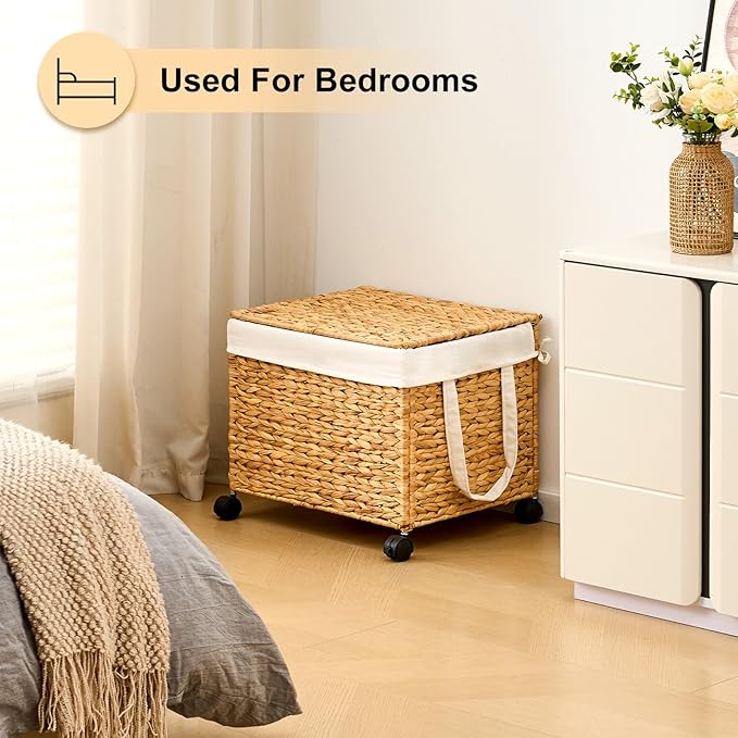 Laundry Hamper with Lid, Large Capacity Woven Natural Water Hyacinth Laundry Sorter with Removable Liners, Rolling or Non-Slip Design for Bedroom (Natural, 60L)