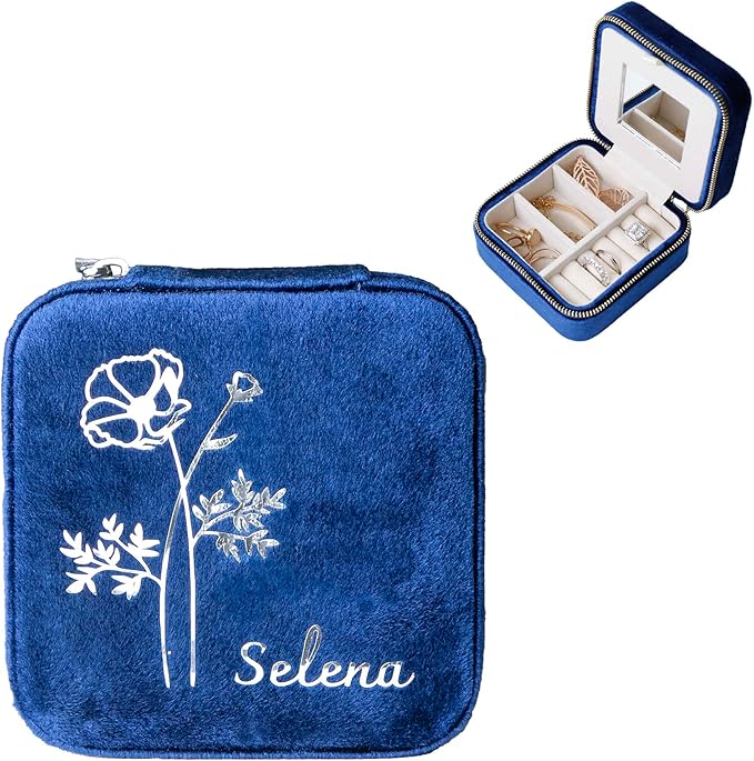 Customizable Compact Velvet Jewelry Box with Mirror, Travel Jewelry Case, Travel Jewelry Organizer, Jewelry Box for Women and Girls, Small Jewelry Organizer (Flower Design, Winter Blue)