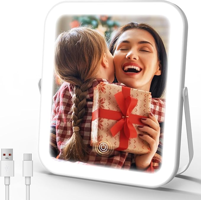 ROLOVE Travel Makeup Mirror with Lights, 8x10 Inch Aluminum LED Vanity Mirror, Rechargeable Portable Mirror for Desk & Travel Essentials, Light Up Mirror with Stand, Dimmable Touch Screen