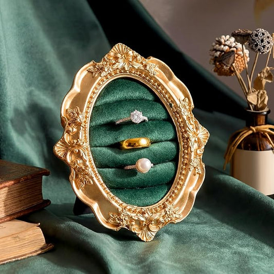Vintage Ring Holder Round Green Mat Ring Wedding Display Suede Jewelry Box Stand Frame Earring Tray Anniversary Engagement Baroque Organizer Photograph Prop for Women Birthday Gifts