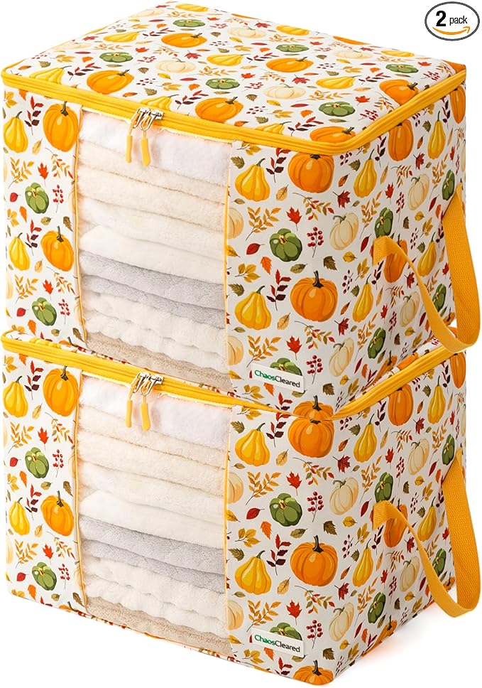 Canvas Storage Bags Designer Organizer 2 Pack – Seasonal Storage for Sweaters, Blankets, Linens & Garments – Foldable Design with Zip & Window, Moth-Proof Space Saver, Pumpkin Print