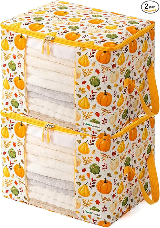 Canvas Storage Bags Designer Organizer 2 Pack – Seasonal Storage for Sweaters, Blankets, Linens & Garments – Foldable Design with Zip & Window, Moth-Proof Space Saver, Pumpkin Print