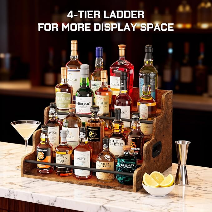 19.6”W x 15.74" D x 12.5" H Inches Versatile 4-Step Coffee Syrup & Water Bottle Organizer Rack Multi-Functional Retro Display Shelf for Kitchen or Bar, Holds Liquor & Spirits, Wooden