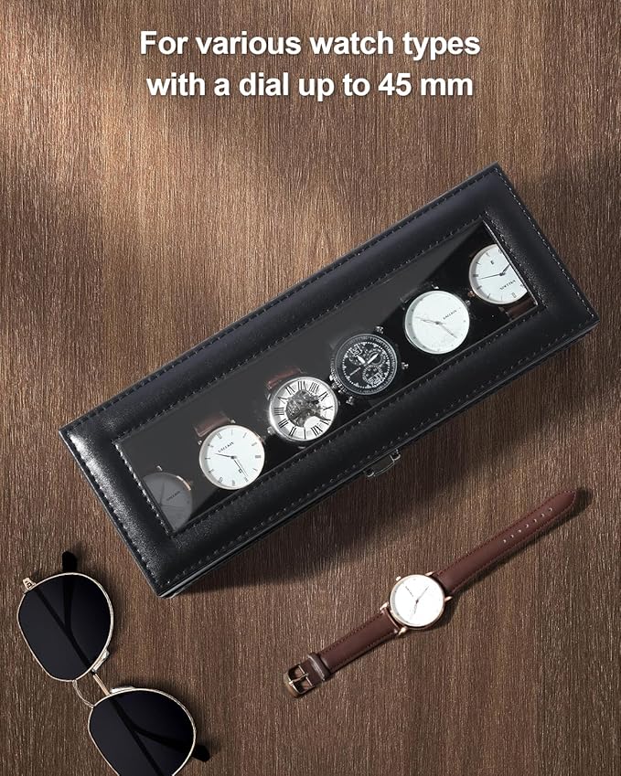 Uten Watch Box, 6 Slots Watch Case, Watch Organizer Jewelry Storage with Large Glass Lid, Black Lining, Watch Display Box for Men & Women Gift