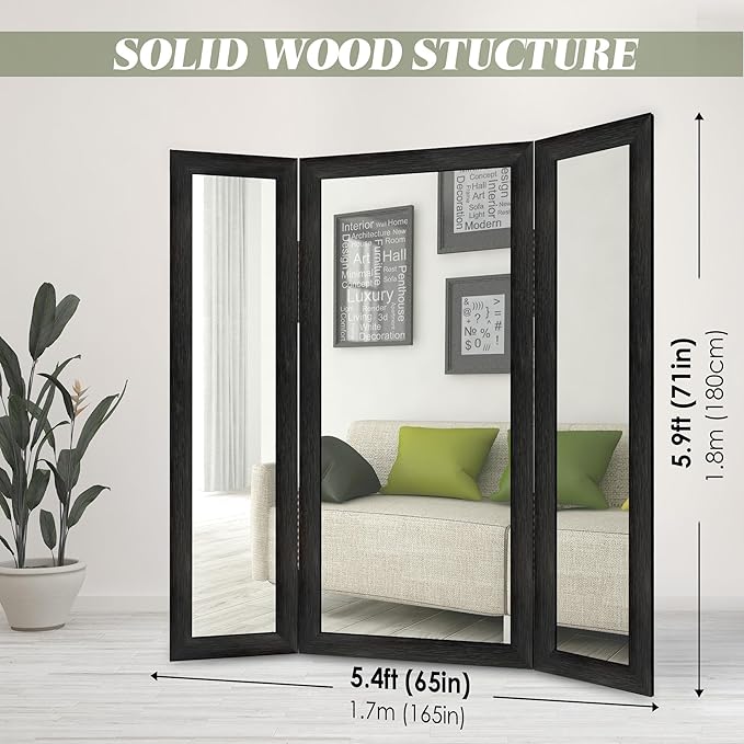 Houseables 3 Way Mirror, Floor Mirror, Full Length, Trifold, Three Way Folding, Floor Standing, Full Body, Wood Framed, 3 Sided for Bedroom, Makeup, Oversized, Foldable, Black, 71 x 32 to 65 Inch