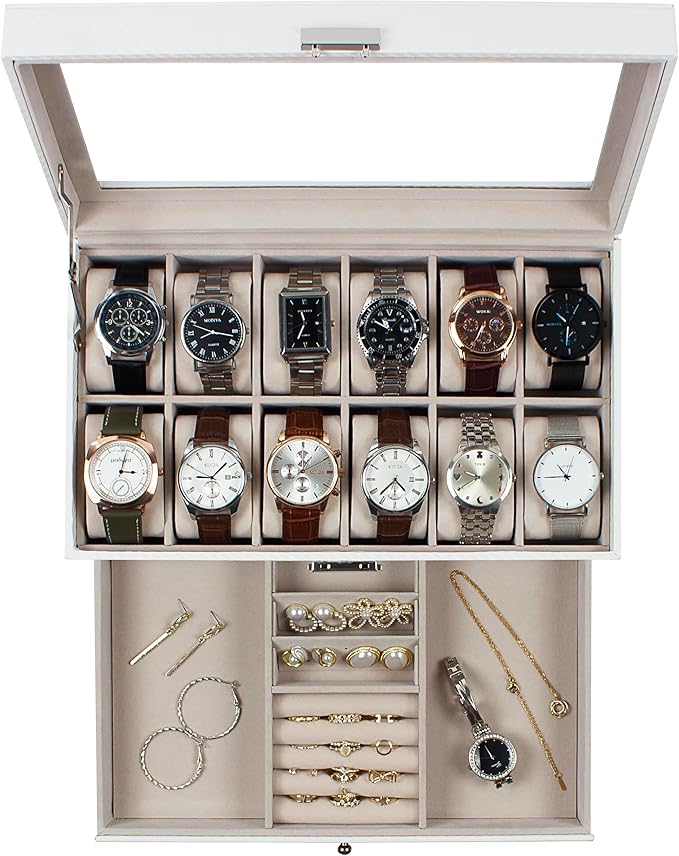 GUKA Watch Box, 12 Slot Watch Case, Watch Cases for men with Real Glass Lid, Synthetic Leather Watch Organizer storage with Jewelry Case, Birthday for Men and Women, White, GK-012-WTC