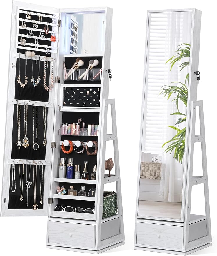 Nicetree 360° Swivel Jewelry Cabinet with Lights, Touch Screen Vanity Mirror, Rotatable Full Length Mirror with Jewelry Storage, Standing Jewelry Armoire Organizer, Foldable Makeup Shelf, White