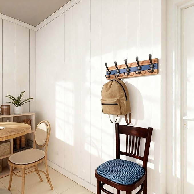 SKOLOO Rustic Wall Mounted Coat Rack - 16-7/8" Long Coat Hooks for Wall with 5 Triple Hooks for Hanging Coats, Hats or Tools, Western National Parks Collection, Wood Brown & Blue