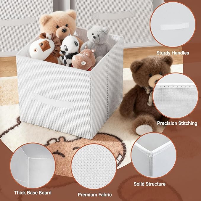 Fabric Storage Bins, Foldable Storage Cubes Baskets with Handle for Organizing, Collapsible Bins Cube Organizer Baskets for Closet, Shelves, Clothes, Towel (White, 2 Pack)