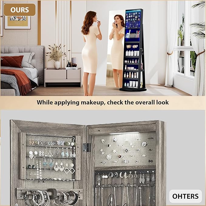 LVSOMT 360° Rotating Jewelry Mirror Cabinet with LED Lights and Lock - Freestanding Jewelry Storage Organizer for Bedroom, Closet, Vanity, Cosmetics & Accessories (Black)
