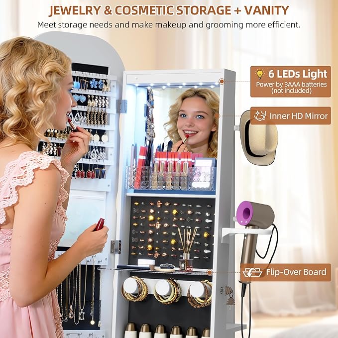 Vlsrka LED Mirror Jewelry Cabinet Standing, 360° Swivel Jewelry Aromire Organizer with Wavy Mirror, Lockable Jewelry Mirror with Storage, Jewelry Cabinet, Interior Mirror, Flodable Shelf, White