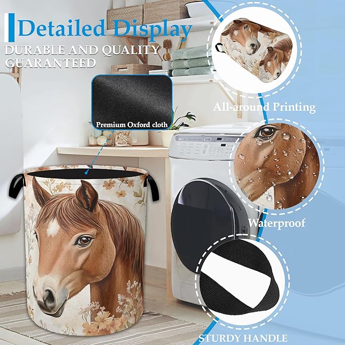 Horse Flowers Laundry Basket Collapsible Laundry Hamper Oxford Storage Bin for Clothes Storage, Toy Organizer, Books and Sundries 16" X 20.8"