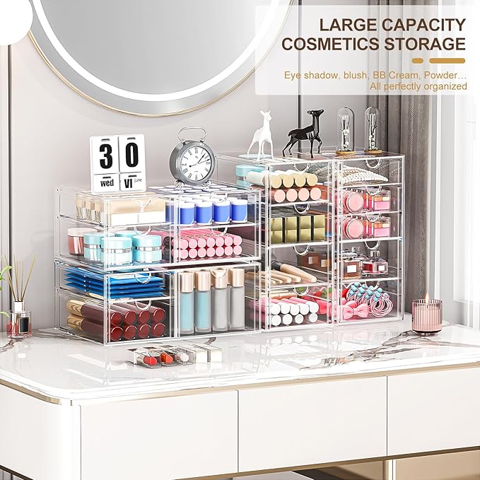 Makeup Organizer Storage with 16 Drawers, 4 Pcs Desktop Office Supplies, Desk Organizers, Clear Accessories, Dustproof Storage Drawer and for Make Up, Jewelry, Pen, Stationary