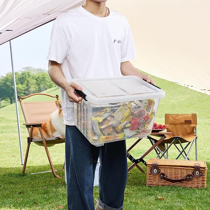 30 L Clear Plastic Storage Bin with Wheels, Lidded Latching Box, 4 Pack