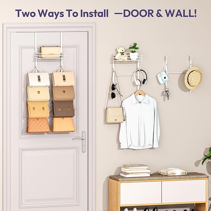 SWTYMIKI Over The Door Purse Organizer - Wall Mounted Handbag Organizer with 10 Hooks and Metal Basket, Hanging Purse Storage Rack Holds up to 10 Bags, Bag Rack Can Use As 1/2 Part, for Door, Closet