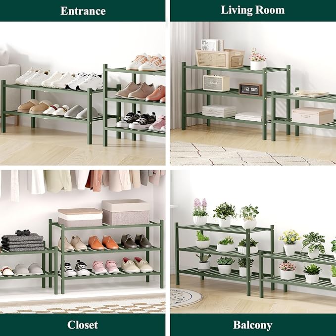 Smiry Bamboo Shoe Rack for Closet, 3 Tier Wooden Stackable Shoe Organizer, Free Standing Shoes Storage Shelf for Entryway, Front Door Entrance, Green