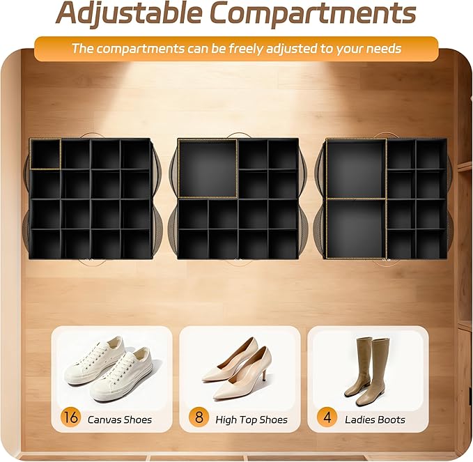 Shoe Organizer for Closet, 2 Pack Foldable Shoe Storage Organizer Box with Adjustable Dividers and Clear Cover, Space Saving Shoe Box with Reinforced Handles, Fits 16-32 Pairs, Black