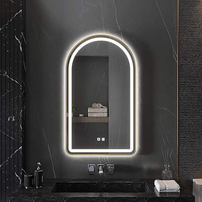 30x40 inch Gold Tempered Glass LED Arched Mirror for Bathroom Vanity Mirror or Wall Decor Arch Mirror Brushed Metal Frame Wall Mounted Mirror for Bathroom