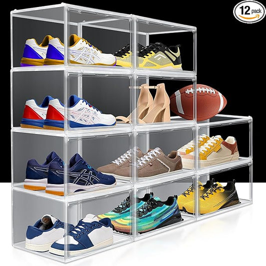 12 Pack Clear Sneaker Boxes Stackable Shoe Box Size 12.5, Acrylic Shoe Storage Organizer Transparent Storage Bins with Magnetic Acrylic Door for Closet, Sneaker Display, Cosmetic, Figure