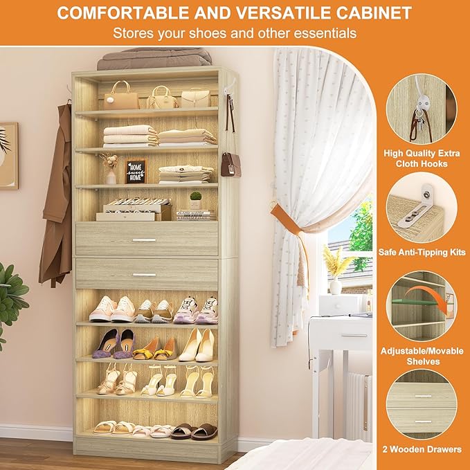 Aheaplus Tall Shoe Cabinet, 10 Tiers Wood Shoe Rack, Vertical Shoe Storage Organizer with 2 Drawers, Narrow Shoe Shelf Tower for 24-28 Pairs, Space Saving, for Closet, Entryway, Bedroom, White Oak