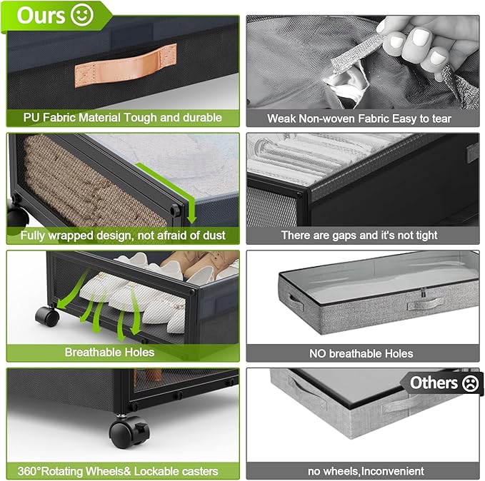Under Bed Storage with Wheels,2-Pack Under Bed Storage Containers with Clear Lids, XXL 70L Under the bed storage Organizer Bins,Rolling Under Bed Metal Drawer for Clothes,Shoes (36"x16.6"x7.28")