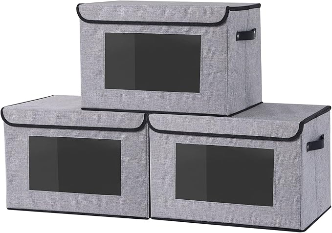 Storage Baskets with Lids, Fabric Storage Boxes with Handles, 13 x 9.1 x 7.9 Inch Closet Organizers for Shelves Bedroom Office, Gray, 3-Pack