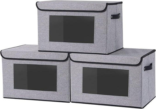 Storage Baskets with Lids, Fabric Storage Boxes with Handles, 13 x 9.1 x 7.9 Inch Closet Organizers for Shelves Bedroom Office, Gray, 3-Pack