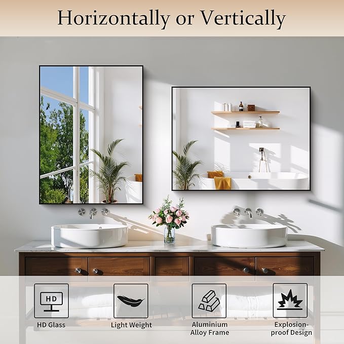Black Bathroom Mirror for Wall, 24x32 Inch Rectangle Mirror with Metal Frame, Modern Vanity Mirrors for Bathroom Living Room, Entryway Hangs Horizontal or Vertical