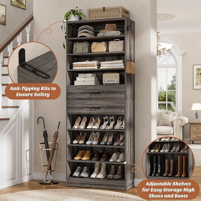 Aheaplus Tall Shoe Cabinet, 10 Tiers Wood Shoe Rack, Vertical Shoe Storage Organizer with 2 Drawers, Narrow Shoe Shelf Tower for 24-28 Pairs, Space Saving, for Closet, Entryway, Bedroom, Black Oak