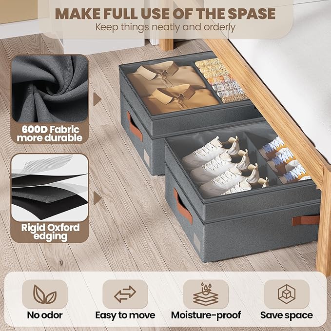 Under Bed Storage with Wheels, 2Pack 71L Under the Bed Storage Containers, Adjustable Underbed Drawer with Lids, Underbed storage Rolling Bin for Shoes, Clothes, Blankets, Grey