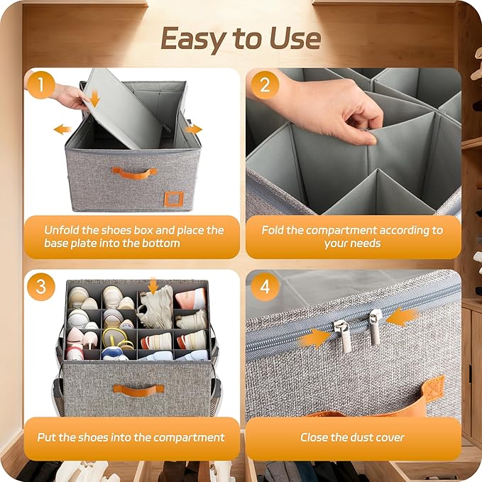 Shoe Organizer for Closet, 2 Pack Foldable Shoe Storage Organizer Box with Adjustable Dividers and Clear Cover, Space Saving Shoe Box with Reinforced Handles, Fits 16-32 Pairs, Gray