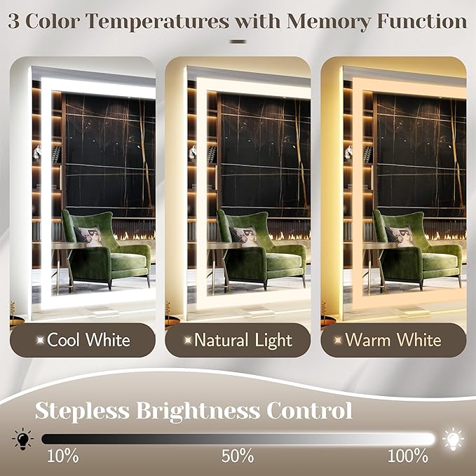 FENNIO Large Vanity Mirror with Lights，38" x 28" LED Makeup Mirror，Hollywood Mirror with 3 Color Modes & Adjustable Brightness，Vanity Mirror Square White