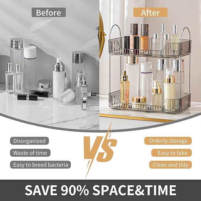 YCIA&DONE Bathroom Organizer Countertop, Makeup Storage, Skincare Cosmetic Tray Shelf, Perfume Holder Rack for Vanity Counter, Large Capacity, Easy to Install, Clean, 2 Tiers, Smoky Gray