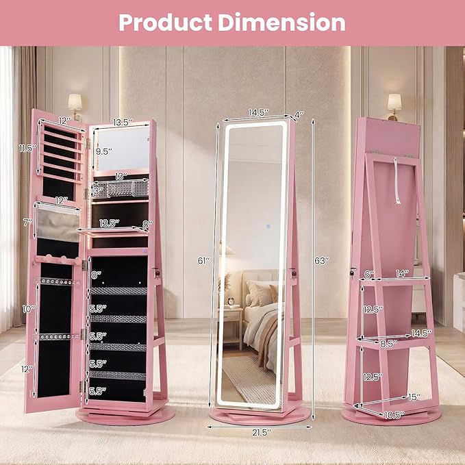 CHARMAID 360° Rotating Jewelry Armoire with LED Lighted Full Length Mirror & Built-in Vanity Mirror, Lockable Standing Jewelry Cabinet with Lights, Large Storage Organizer for Jewelry (Pink)