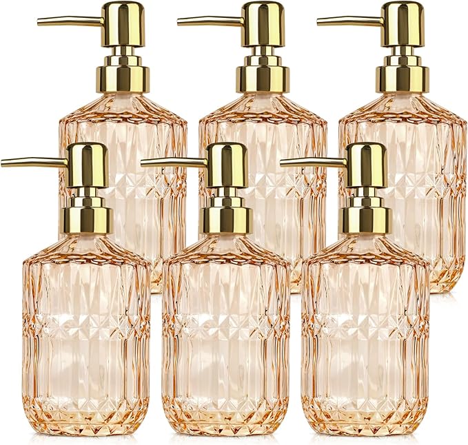 6 Pack Glass Soap Dispenser with Pump 15.2 oz Refillable Liquid Hand Soap Dish Soap Dispensers Vintage Soap Dispenser Liquid Bottle for Kitchen Sink Bathroom Counter(Gold,Gold Pump Head)