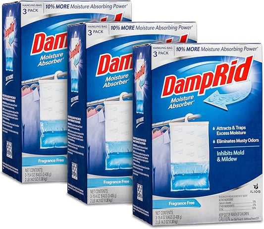 Damp Rid Hanging Bag Moisture Absorbers - 3 Packs of 3-15.4oz (Fragrance Free) - Closet Deodorizer Odor Eliminator, 10% More Moisture Absorbing Power - ILIOS Packaging