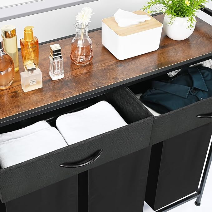 Laundry Sorter 3 Section, 180L Laundry Hamper Basket with Shelf and 2 Drawers, 3 Compartment Clothes Storage Organizer Cart, Pull-Out Removable Oxford Fabric Bags, Black